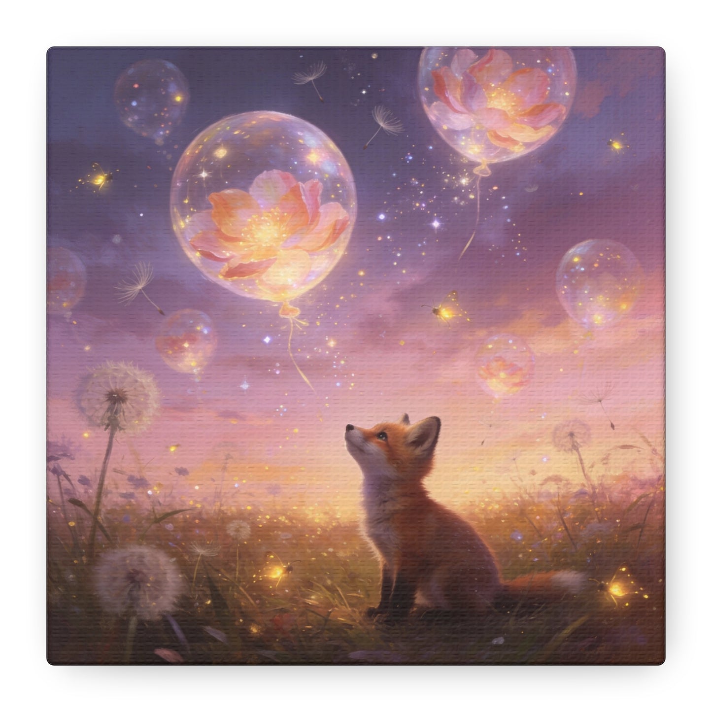 Fox Canvas Wall Art - Whimsical Fox Under Floral Balloons, Dreamy Twilight Meadow Canvas Print - Pastel Fantasy Style, Living Room Wall Decor, Bedroom Home Decoration - Bedroom Home Decoration