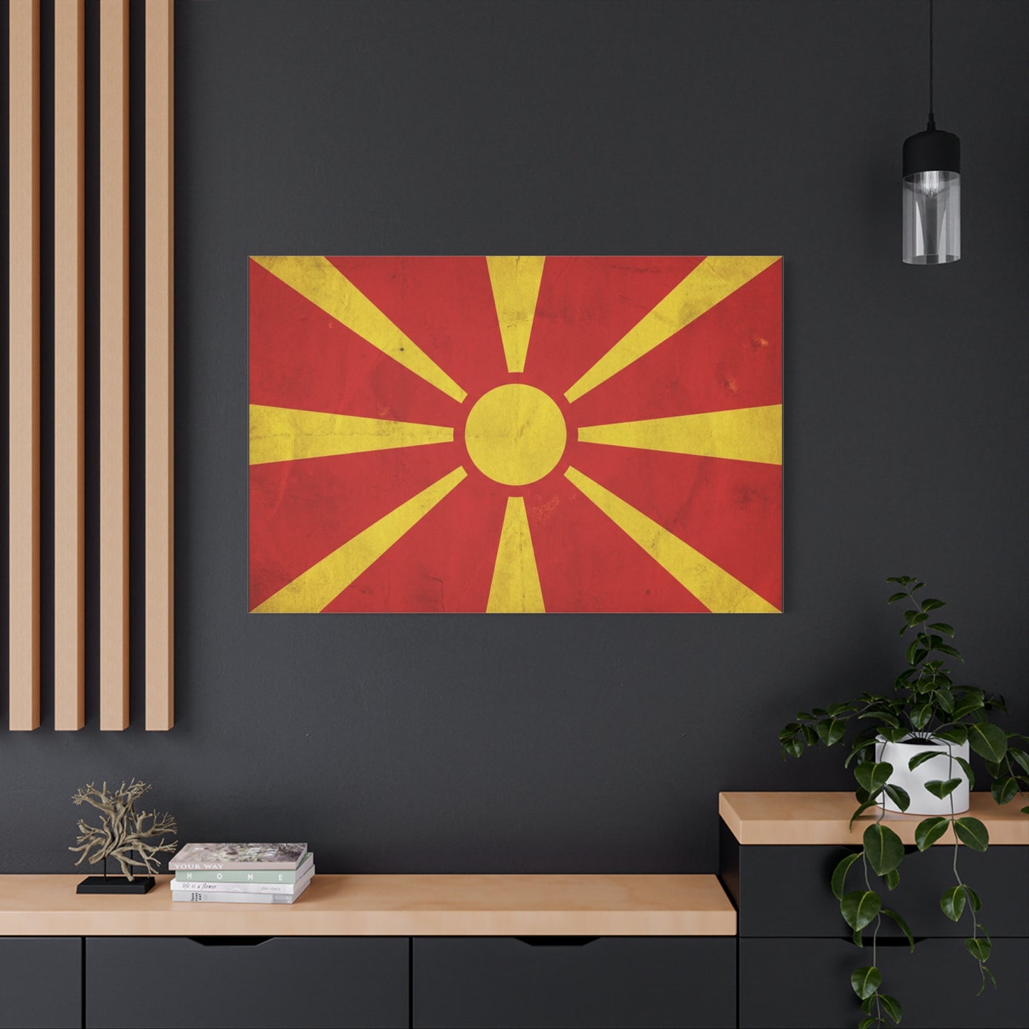 North Macedonia Flag Canvas Wall Art - Vintage Sunburst National Banner Print - Red And Yellow Patriotic Decor - Retro Country Pride Style - Living Room Wall Decor - Bedroom Home Decoration