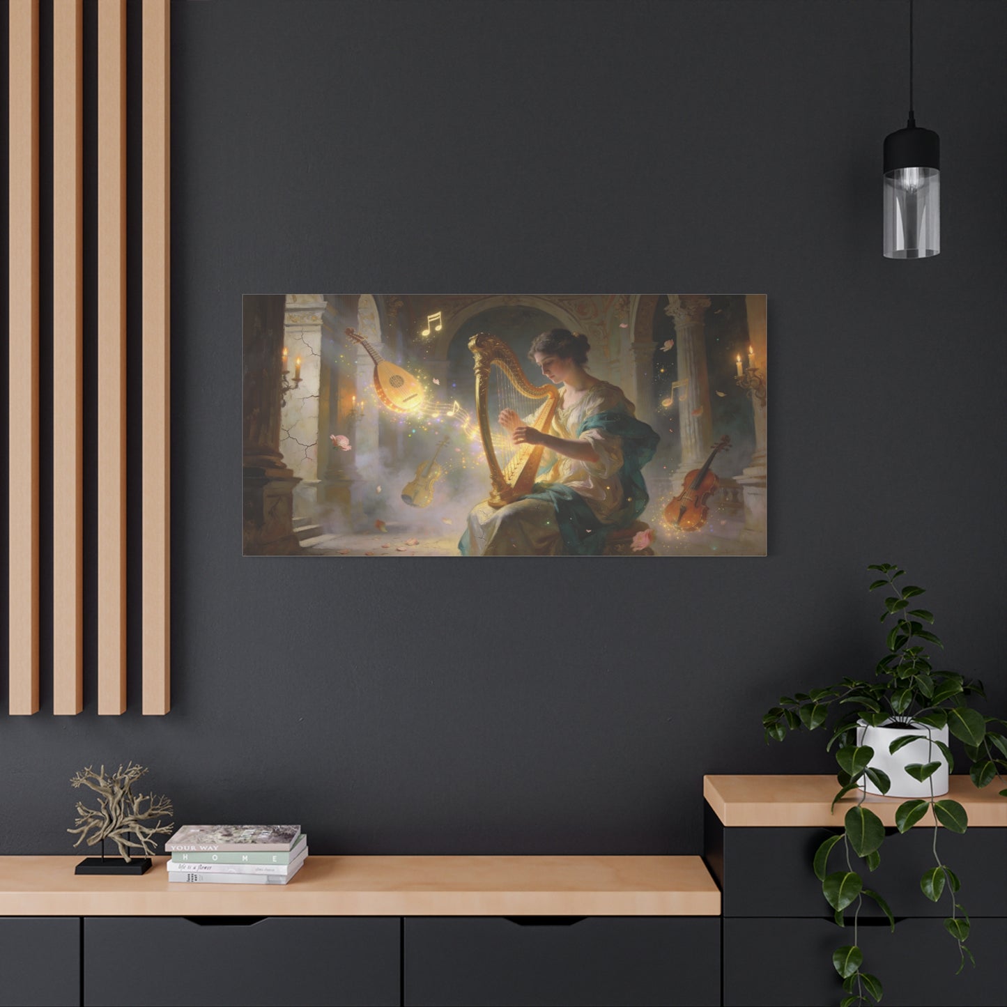 Woman Playing Harp Canvas Wall Art - Romantic Music Painting, Glowing Notes, Violin And Lute - Matte Cotton Print - Traditional Style, Living Room Wall Decor, Bedroom Accent - Bedroom Home Decoration