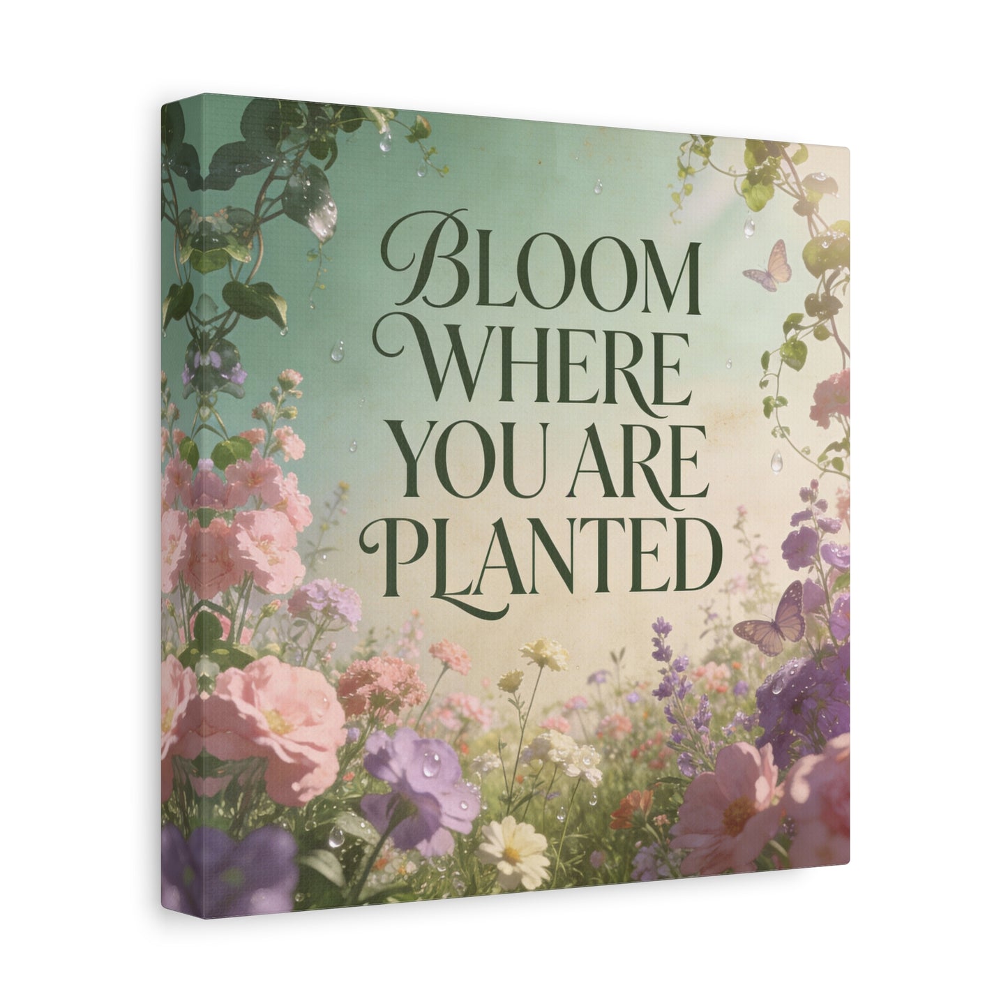 "Bloom Where You Are Planted" Inspirational Canvas Wall Art - Floral Butterfly Quote Print, Pastel Garden Typography Decor, Modern Farmhouse Style, Bedroom Home Decoration - Living Room Wall Decor