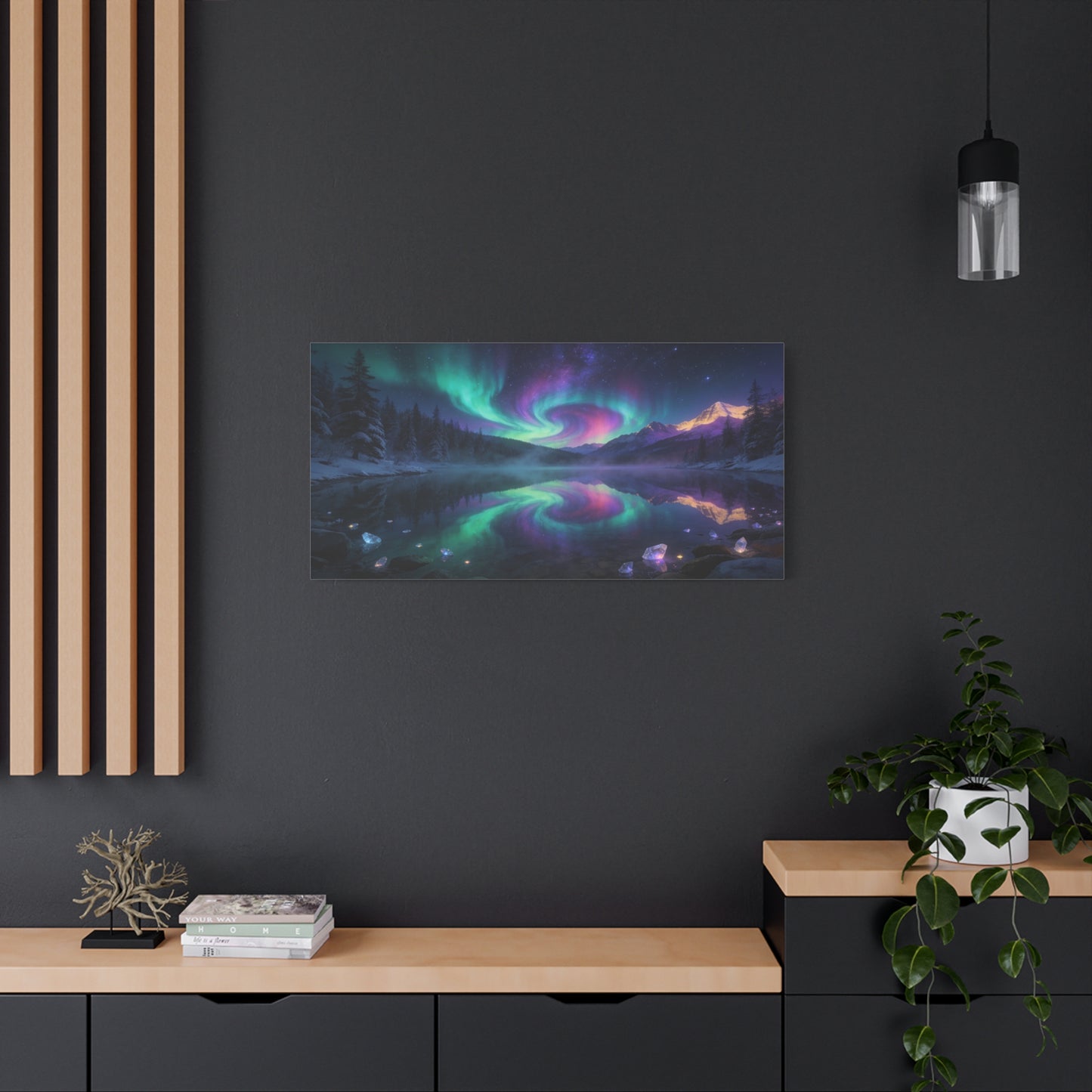 Aurora Borealis Mountain Lake Canvas Wall Art - Northern Lights Night Sky, Snowy Pine Forest Reflection - Dreamy Matte Canvas Print - Bedroom Wall Decor, Living Room Accent - Bedroom Home Decoration
