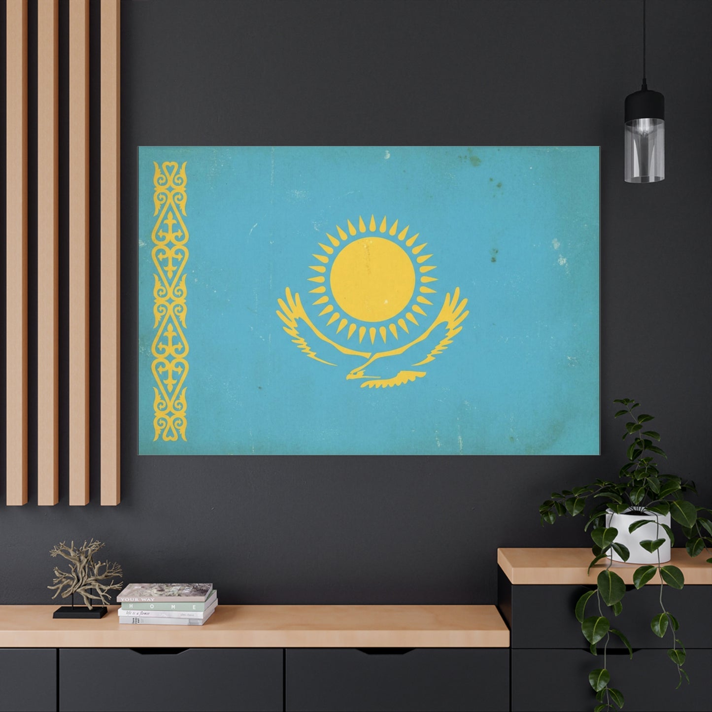 Kazakhstan Flag Canvas Wall Art - Blue And Gold Sun Eagle Emblem, Vintage Nation Print - Matte Cotton Artwork, Patriotic Living Room Wall Decor, Office Art Accent Style - Bedroom Home Decoration