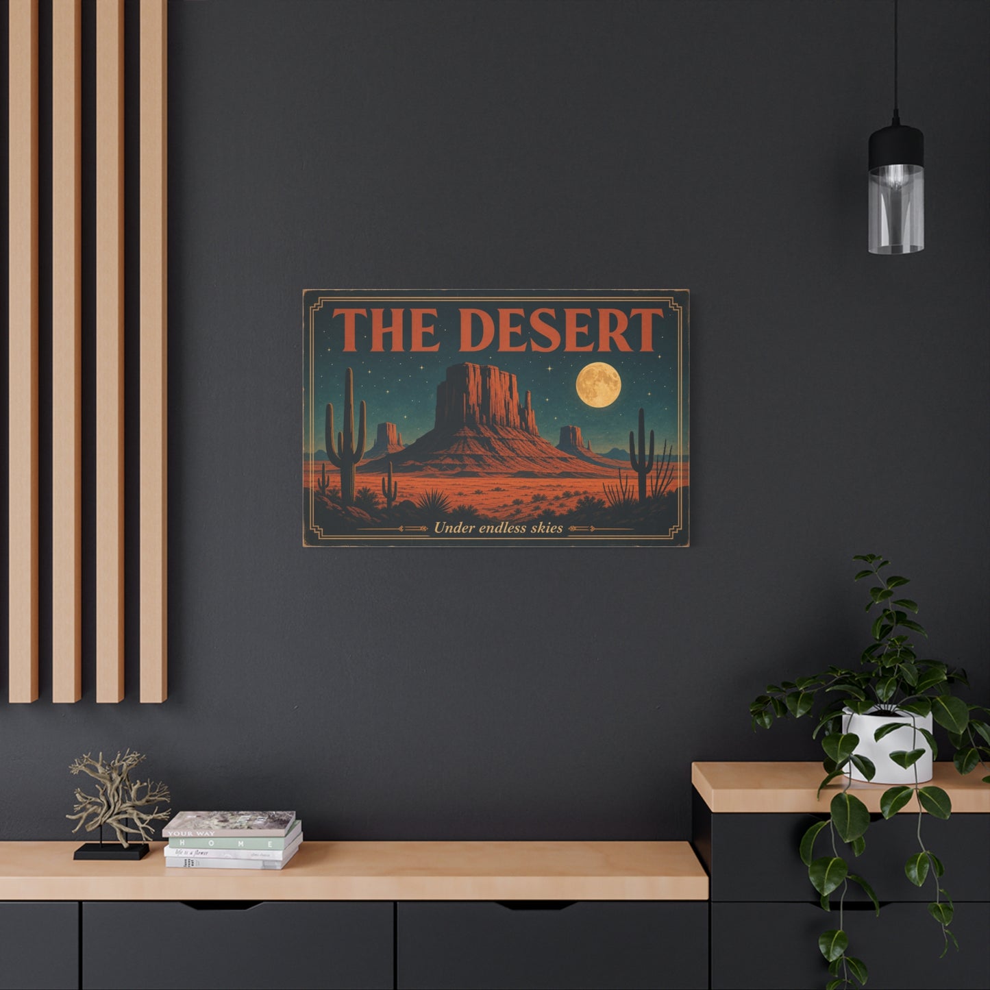 "THE DESERT" Canvas Wall Art - Moonlit Saguaro Desert Mesa Landscape, "Under endless skies" - Vintage Southwest Poster Style, Living Room Wall Decor, Bedroom Home Decoration - Bedroom Home Decoration