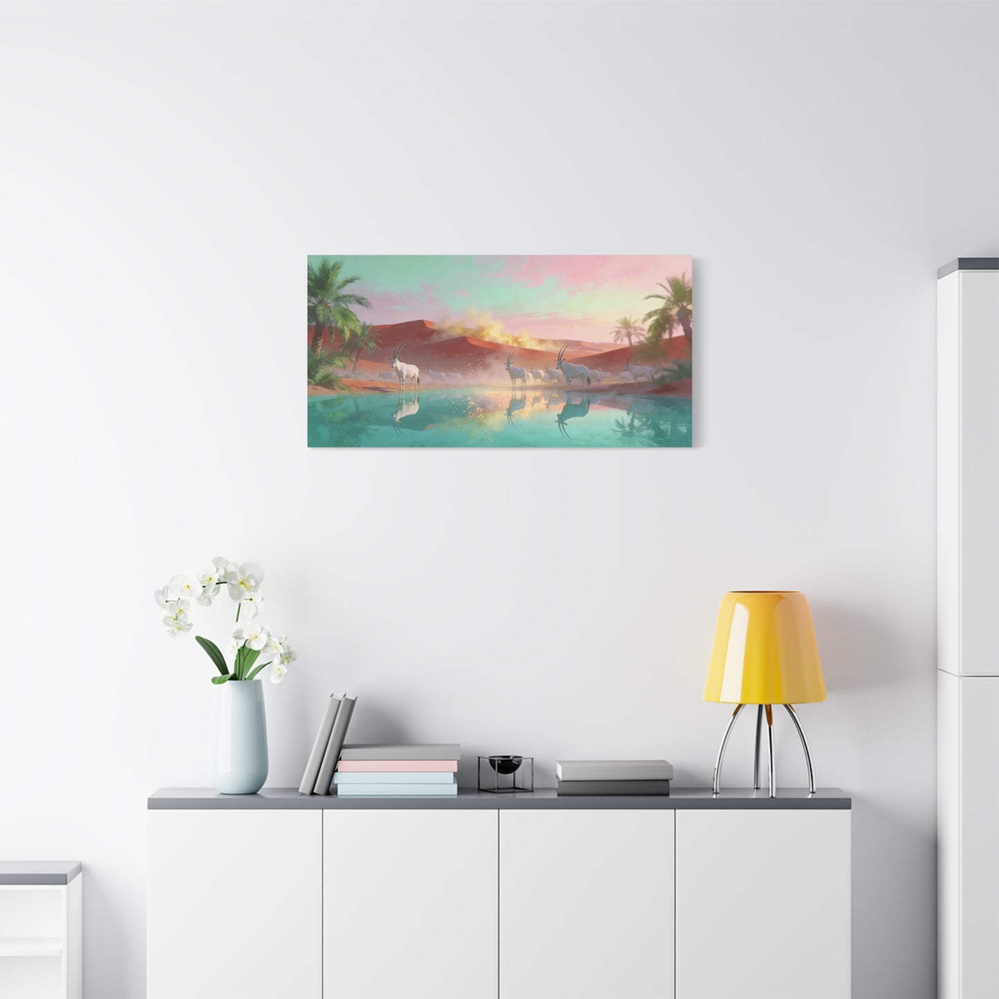 Desert Oasis Oryx Canvas Wall Art - Antelope Lake Reflection, Palm Dunes - Dreamy Surreal Cotton Print - Contemporary Landscape Style - Living Room Wall Decor, Bedroom Accent - Bedroom Home Decoration