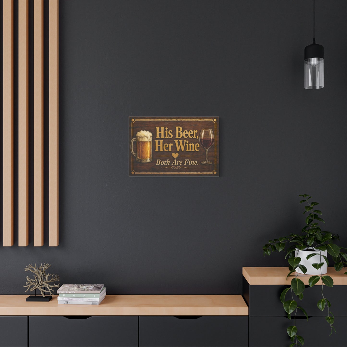 "His Beer, Her Wine Both Are Fine." Canvas Wall Art - Rustic Bar Sign, Beer Mug And Red Wine Glass Quote Print - Vintage Brown Wood Look Typography - Pub Wall Art - Cocktail Lounge Decor