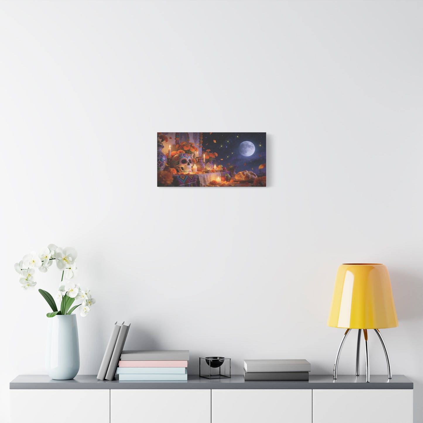 Day Of The Dead Altar Canvas Wall Art - Sugar Skull, Marigolds, Candles, Full Moon - Traditional Folk Style - Living Room Wall Decor, Dining Room Accent, Bedroom Home Decoration - Ready to Hang