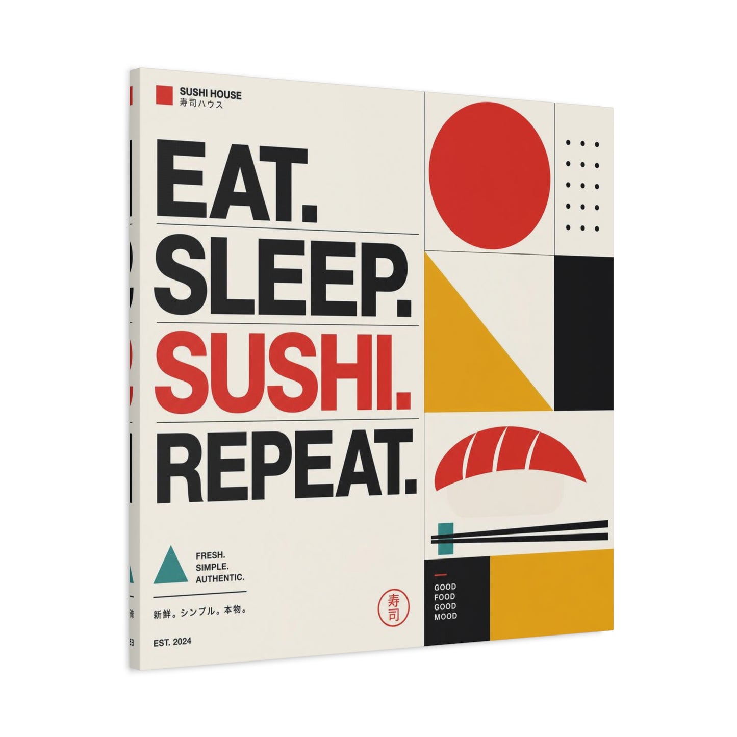"Eat. Sleep. Sushi. Repeat." Sushi Canvas Wall Art - Japanese Typography Print, Geometric Food Poster Design - Modern Minimalist Cotton Canvas - Cafe Decor, Kitchen Accent, Dining Room Artwork
