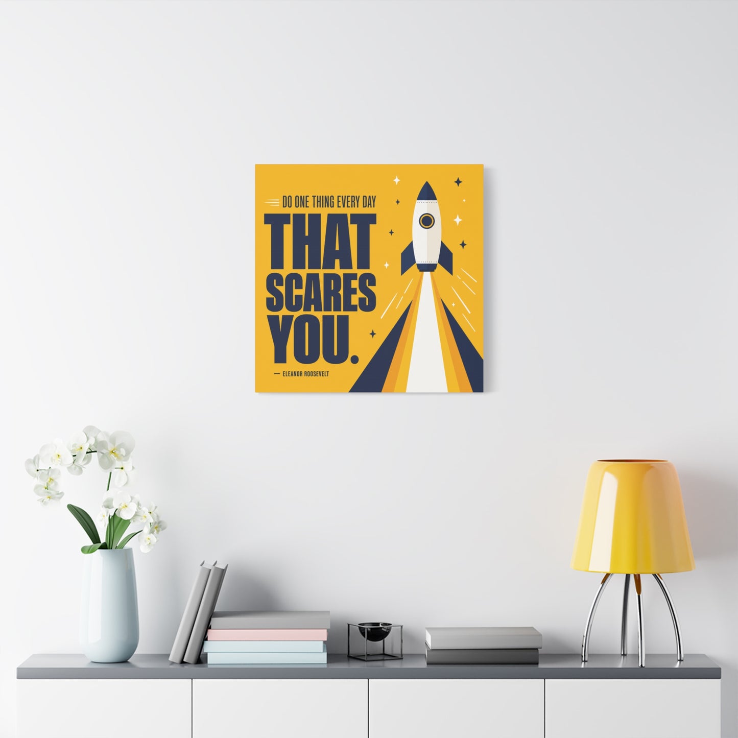 "Do One Thing Every Day That Scares You." Rocket Canvas Wall Art - Motivational Typography Space Decor - Modern Yellow Quote Print - Kids Bedroom Wall Decor, Playroom Home Decoration - Ready to Hang