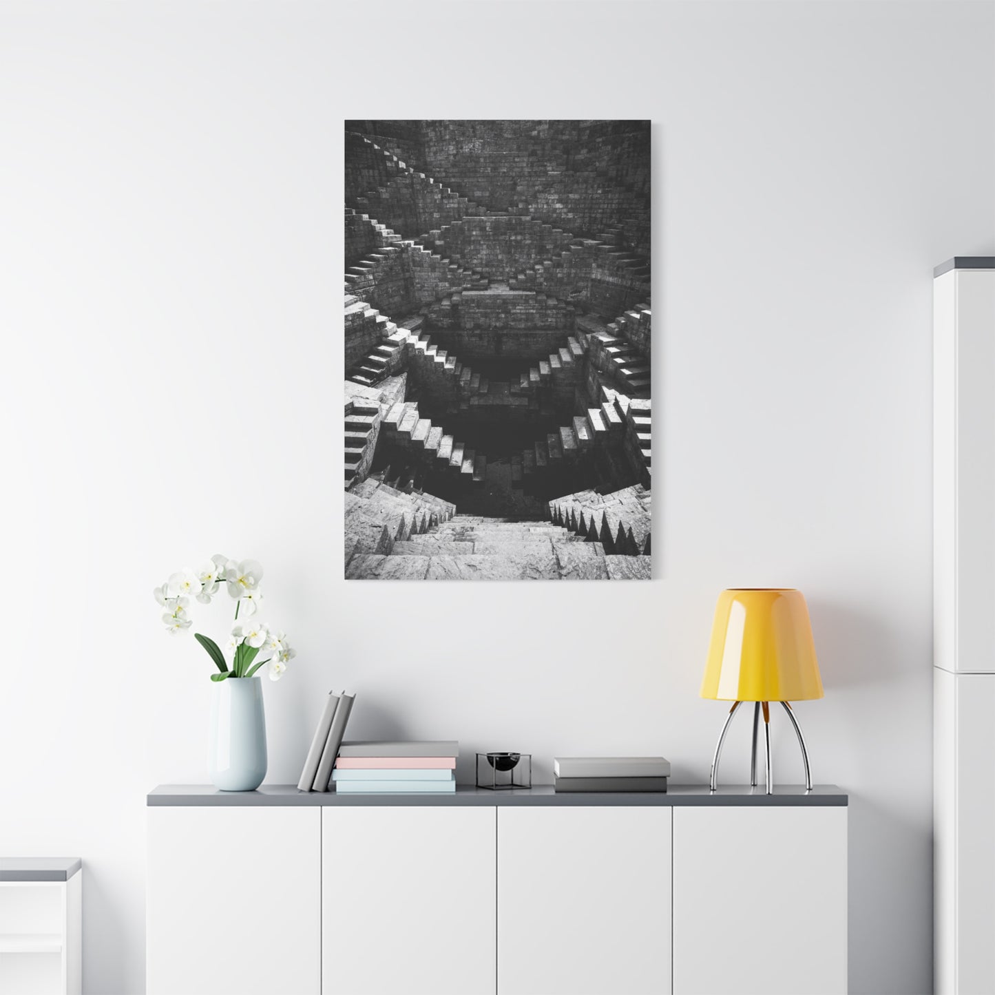 Black And White Stepwell Canvas Wall Art - Architectural Staircase Art Print, Moody Monochrome Stone Geometry - Contemporary Wall Decor For Living Room, Office, Entryway - Ready to Hang