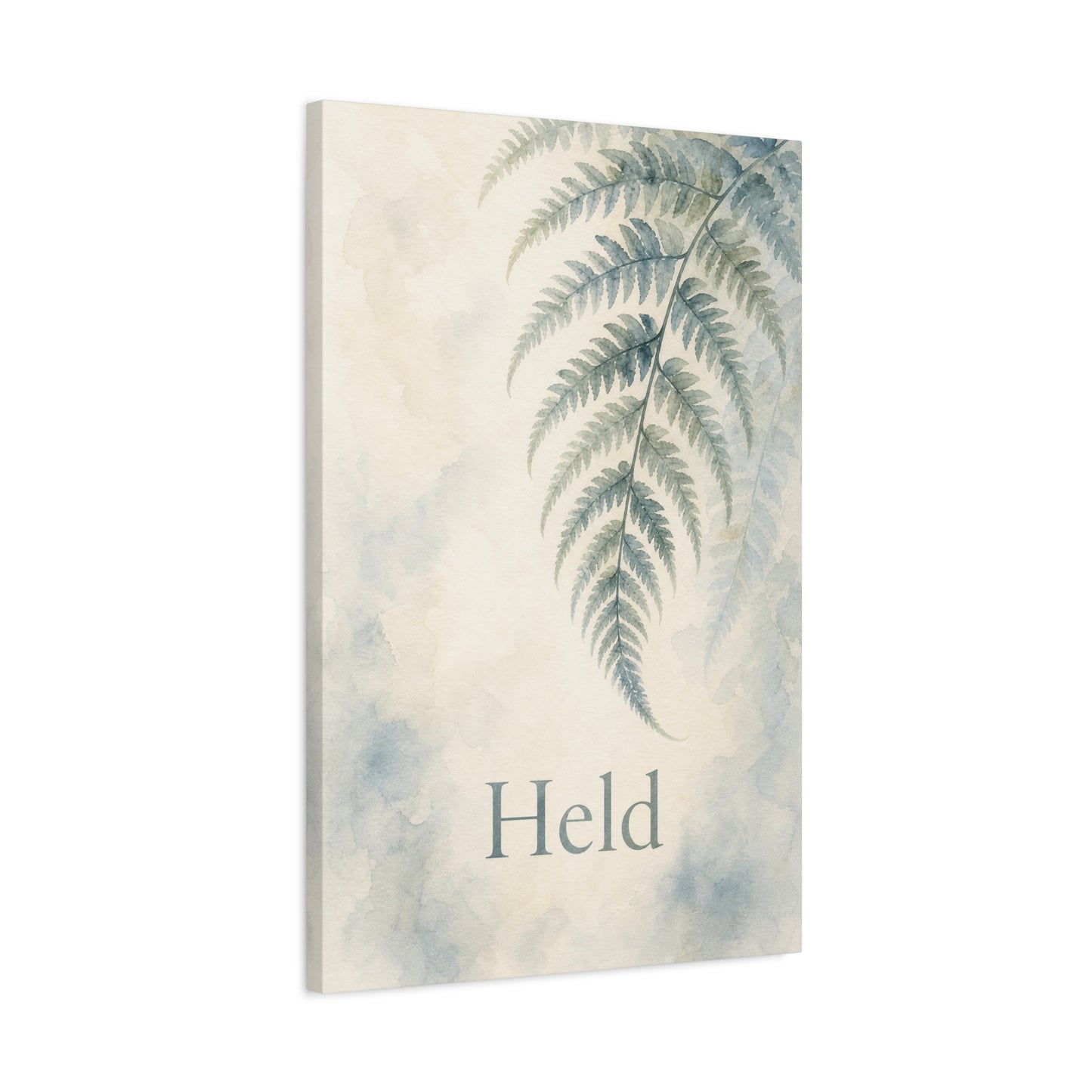 "Held" Fern Botanical Canvas Wall Art - Watercolor Leaf Print, Calming Bedroom Wall Decor, Minimalist Blue Green Nature Home Decoration, Meditation Space Accent - Ready to Hang - Cozy Reading Nook Art