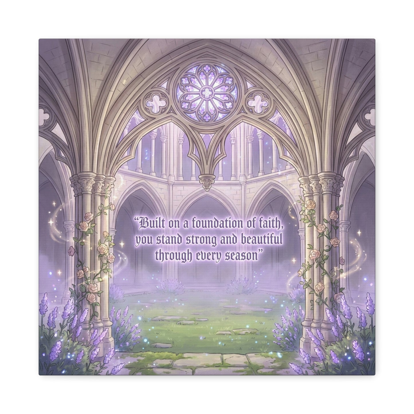 "Built On A Foundation Of Faith, You Stand Strong And Beautiful Through Every Season" Canvas Wall Art - Gothic Cathedral Arch Quote Print - Lavender Floral Decor For Bedroom Living Room