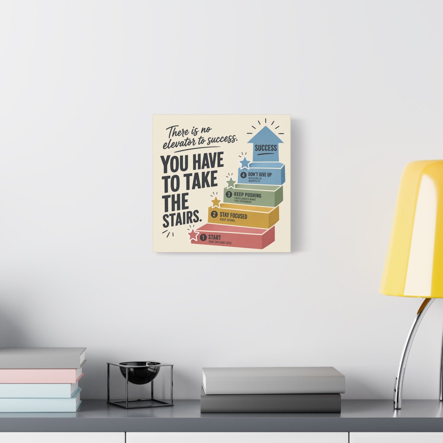 "There Is No Elevator To Success. You Have To Take The Stairs." Motivational Canvas Wall Art - Typography Quote Print, Office Decor, Classroom Poster, Modern Inspirational Home Decoration