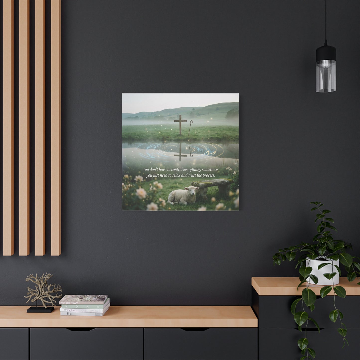 "You Don’t Have To Control Everything, Sometimes You Just Need To Relax And Trust The Process" Canvas Wall Art - Christian Cross, Lamb Meadow Scene - Inspirational Farmhouse Decor - Office Wall Art