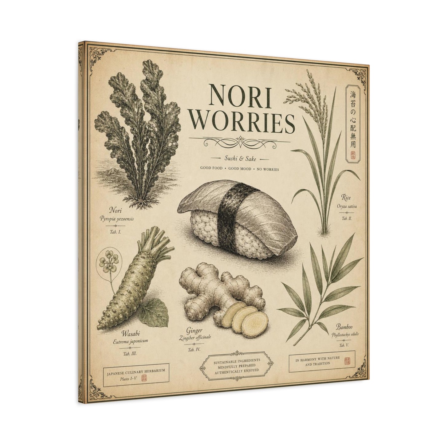 "Nori Worries" Sushi And Sake Canvas Wall Art - Vintage Japanese Culinary Herbarium Print, Rice Nori Wasabi Ginger Bamboo Illustration - Kitchen Wall Decor, Dining Room Accent - Modern Farmhouse Style