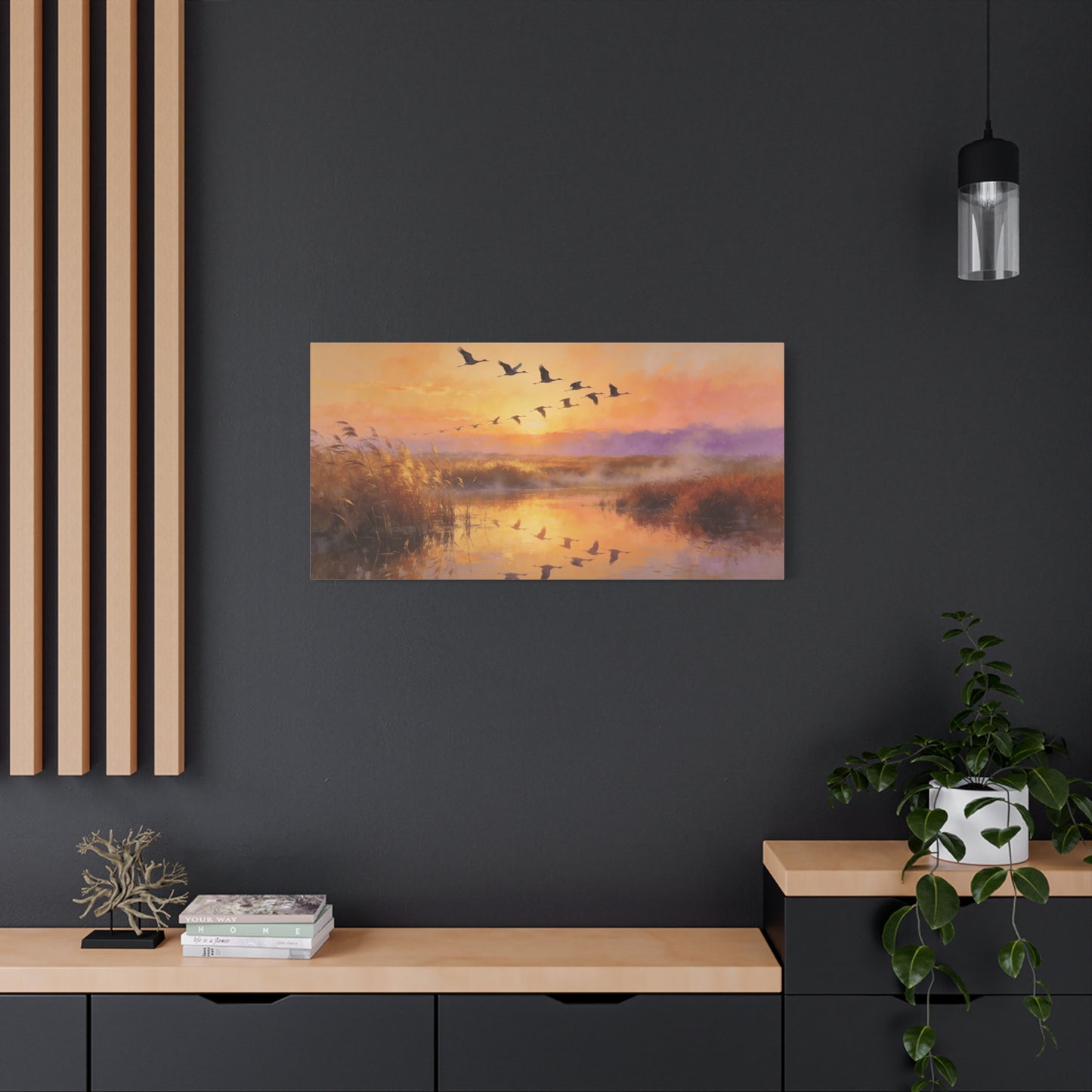 Flying Cranes Sunset Canvas Wall Art - Marsh Landscape Bird Painting, Golden Reeds Reflection, Matte Canvas Print - Traditional Style - Living Room Wall Decor Bedroom Decoration - Ready to Hang