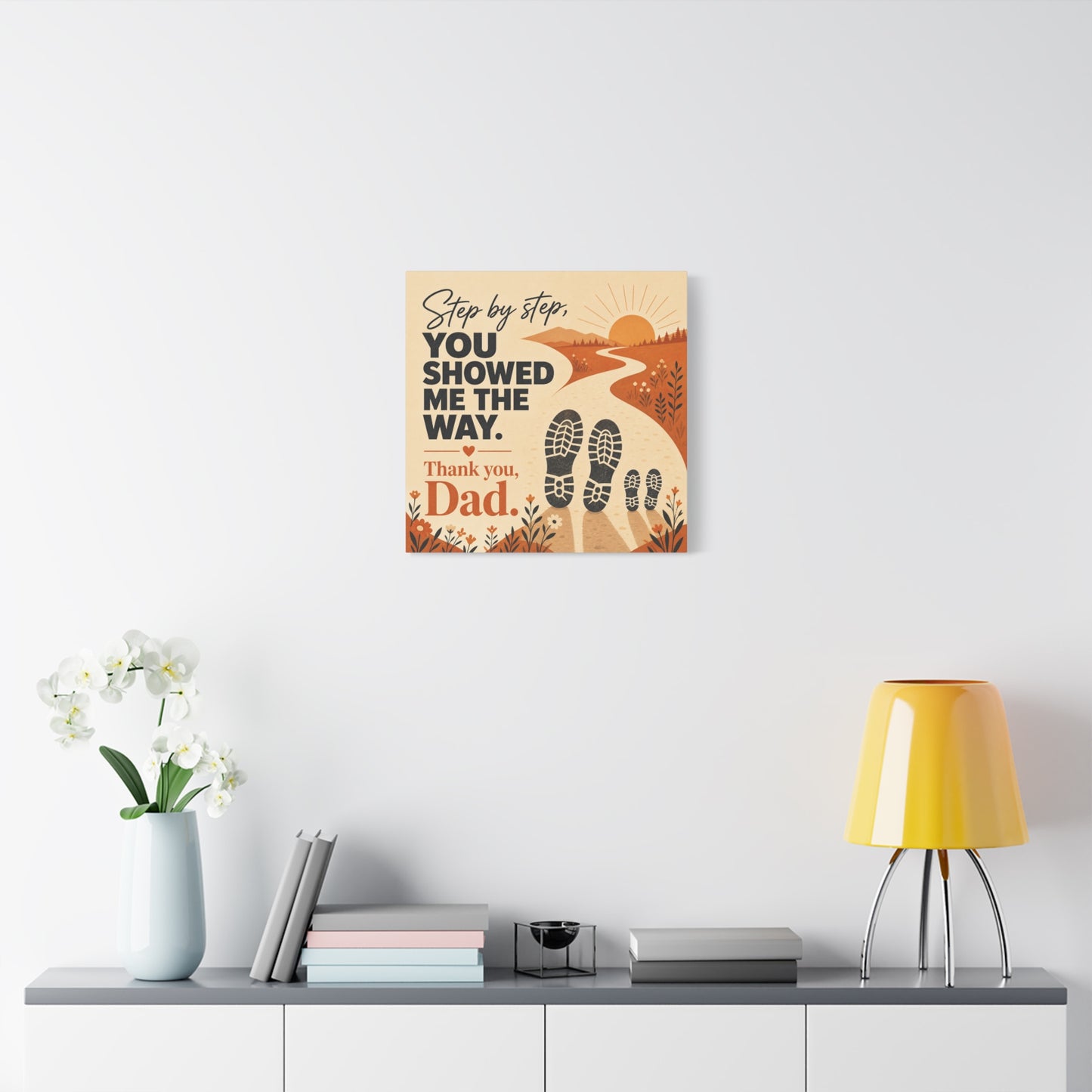 "Step By Step, You Showed Me The Way. Thank You, Dad." Canvas Wall Art - Father Quote Sunset Path Print, Rustic Modern Typography Decor, Bedroom Home Decoration - Office Wall Art - Ready to Hang