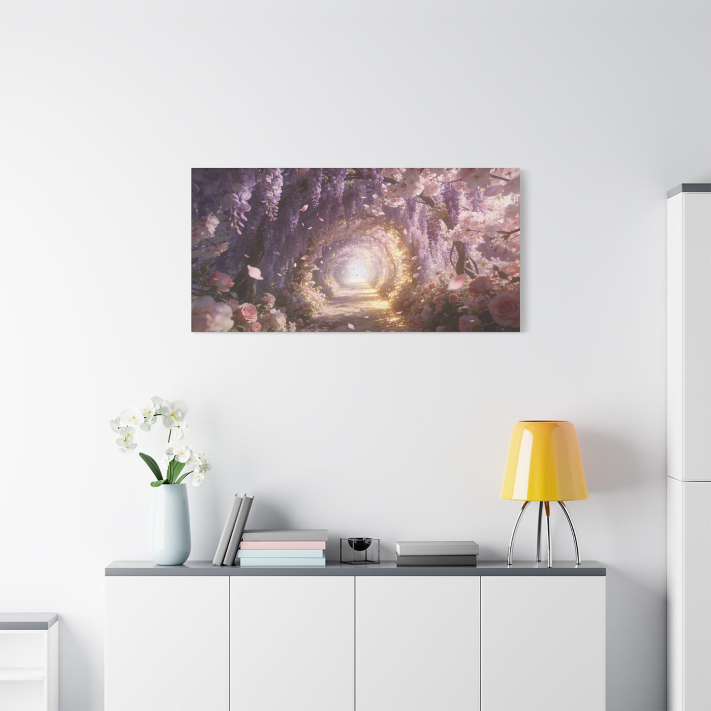 Wisteria Blossom Tunnel Canvas Wall Art - Cherry Blossom Garden Path, Ethereal Floral Wall Decor - Dreamy Matte Canvas Print - Romantic Bedroom Home Decoration, Living Room Accent - Ready to Hang