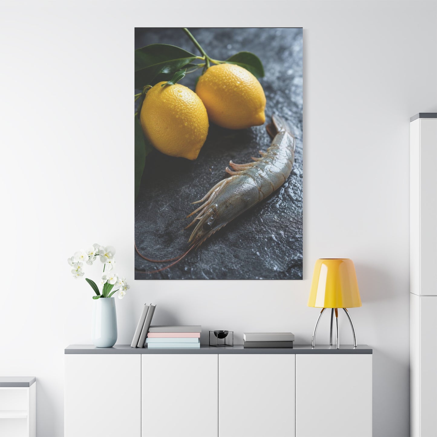 Lemon And Shrimp Canvas Wall Art - Still Life Food Art Print, Moody Kitchen Decor - Matte Cotton Art Print - Contemporary Dining Room Accent, Coastal Restaurant Wall Decor - Bedroom Home Decoration