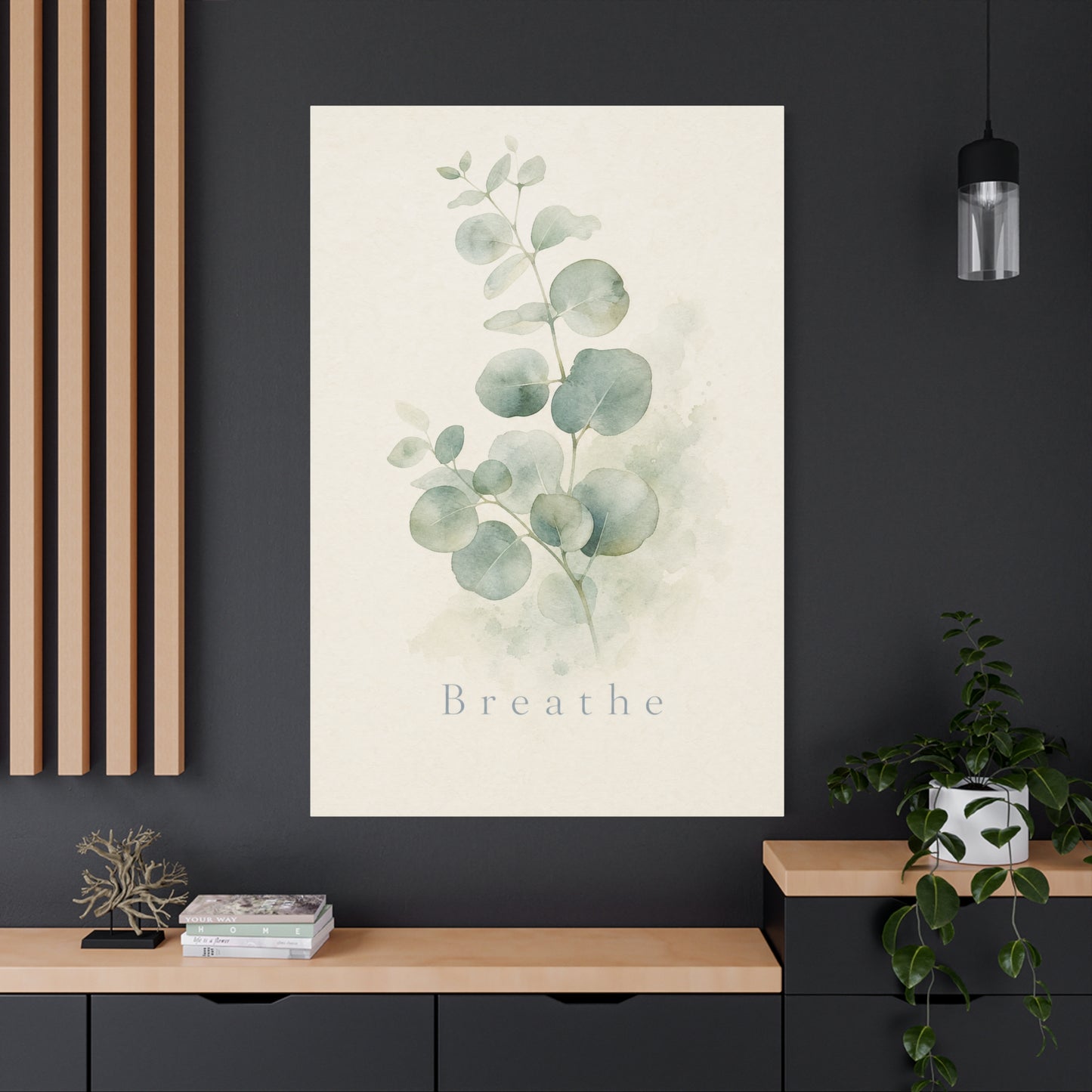 "Breathe" Eucalyptus Canvas Wall Art - Minimalist Botanical Sage Green Wall Decor - Watercolor Leaf Home Decoration - Bedroom Bathroom Spa Style - Calm Nature Print For Living Room - Ready to Hang