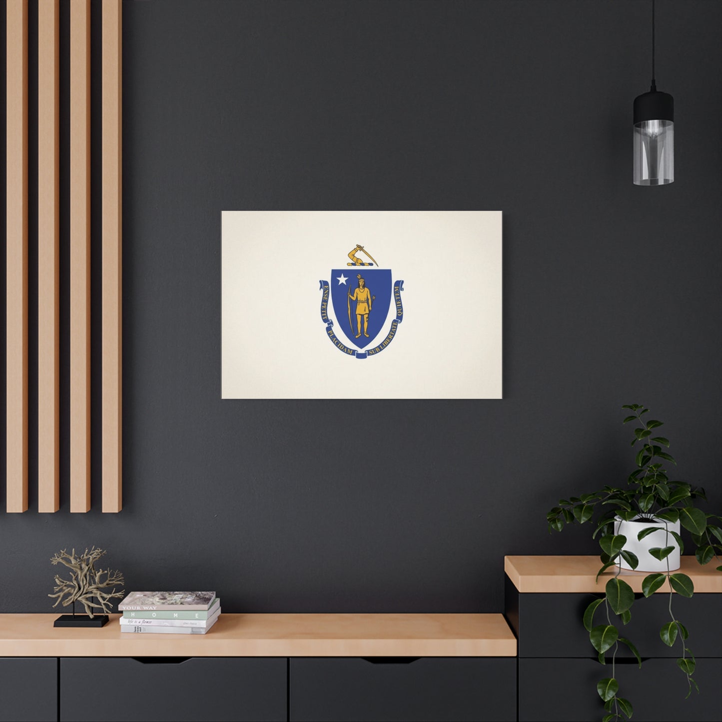 Massachusetts State Flag Canvas Wall Art - Ense Petit Placidam Sub Libertate Quietem - Blue Shield Native American Crest - Minimalist Patriotic Decor - Living Room Wall Decor - Bedroom Home Decoration