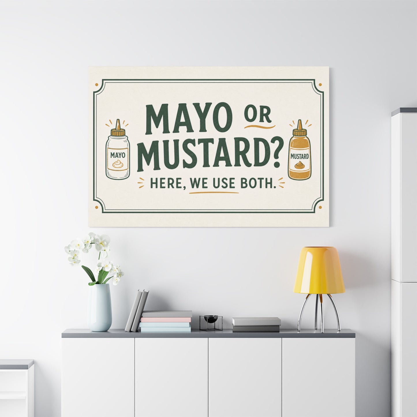 "Mayo Or Mustard Here, We Use Both." Funny Kitchen Canvas Wall Art - Condiment Quote Print, Retro Typography Food Decor, Farmhouse Dining Room Decoration - Living Room Wall Decor - Ready to Hang