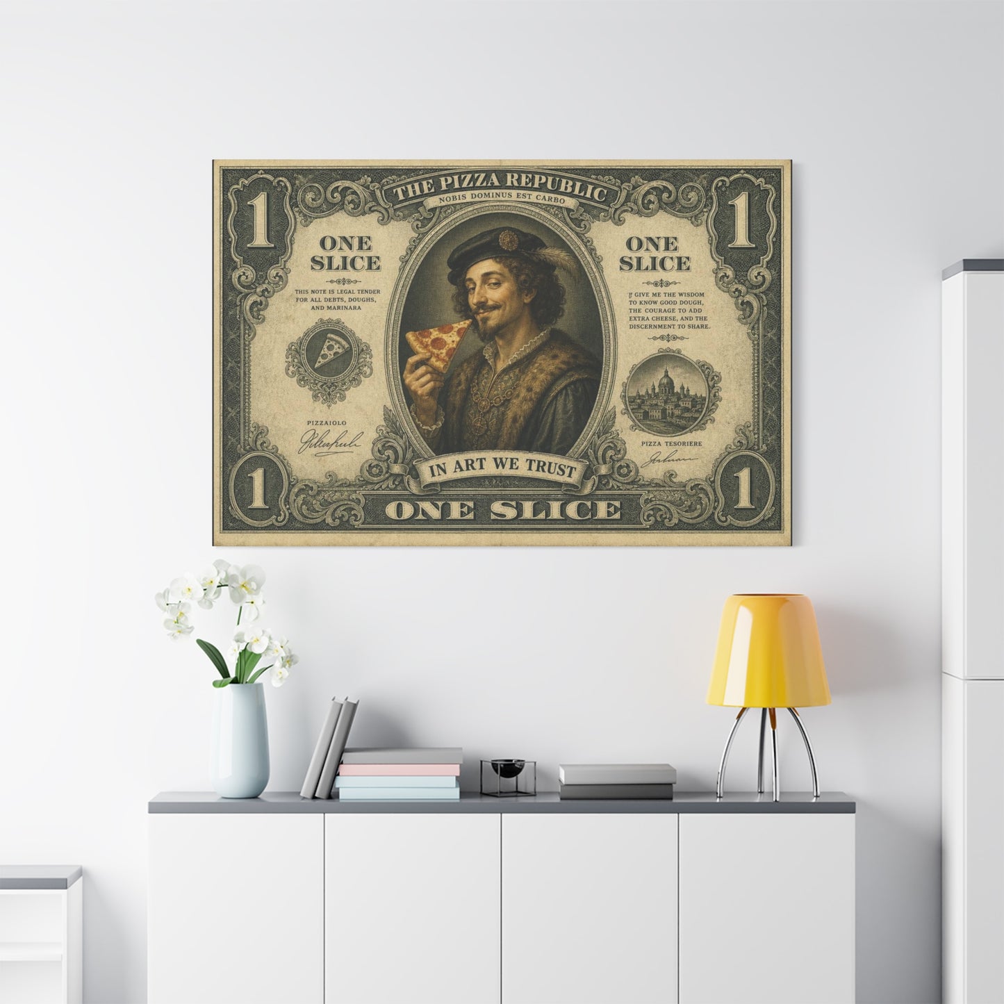"The Pizza Republic" One Slice Vintage Canvas Wall Art - Renaissance Pizza Portrait, Typography Money Note Design - Matte Cotton Print - Kitchen Decor, Cafe Wall Decor - Bedroom Home Decoration
