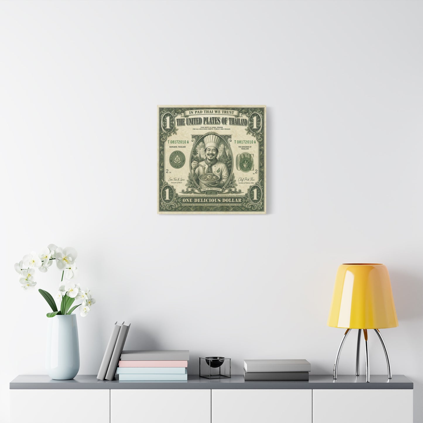 "In Pad Thai We Trust" Typography Canvas Wall Art - Vintage Thai Currency Illustration, Chef Portrait, Bangkok Thailand Food Poster Style - Kitchen Wall Decor, Dining Room Accent - Ready to Hang