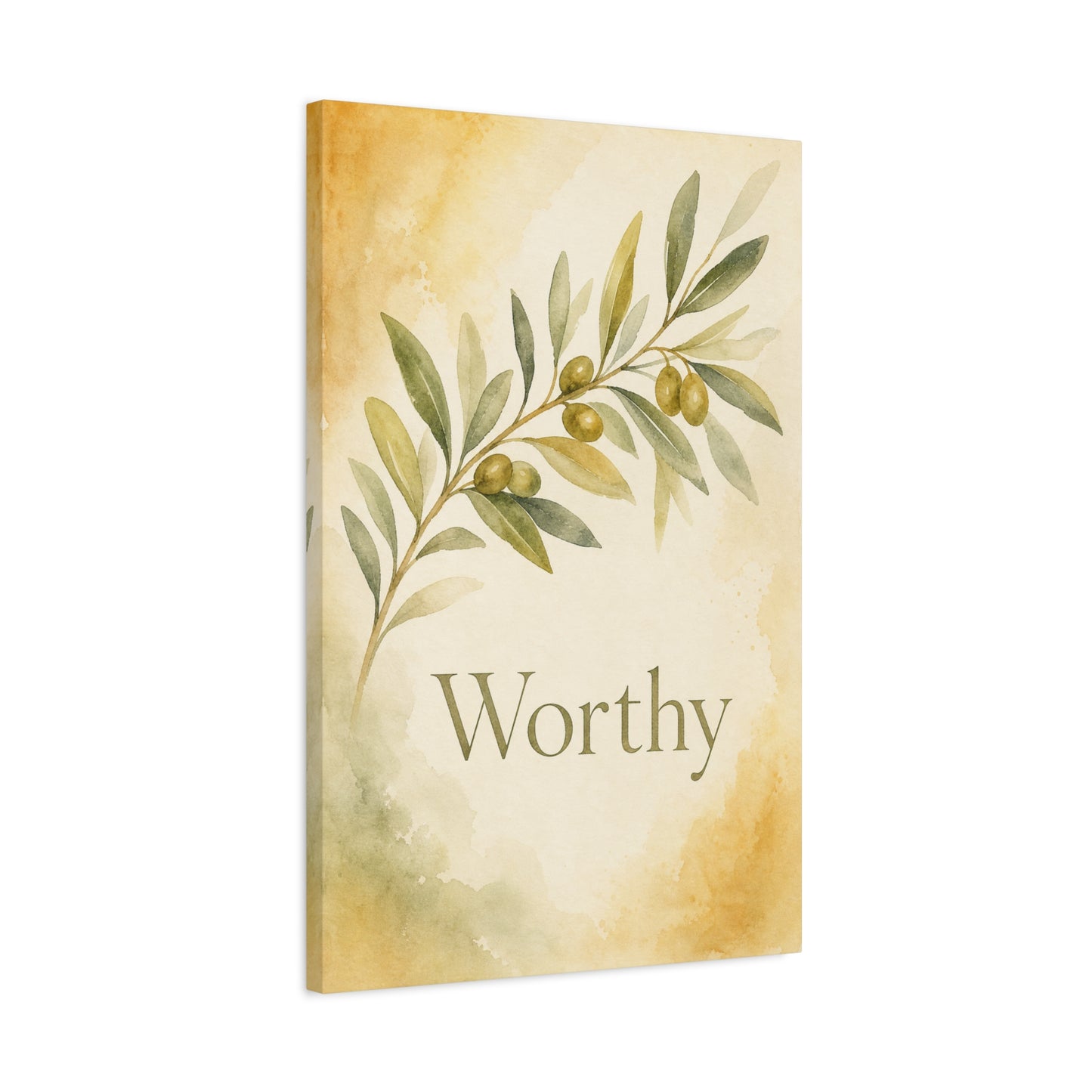 "Worthy" Olive Branch Canvas Wall Art - Botanical Inspirational Wall Decor - Watercolor Sage Gold Canvas Print - Bedroom Living Room Decoration - Ready to Hang - Bedroom Home Decoration