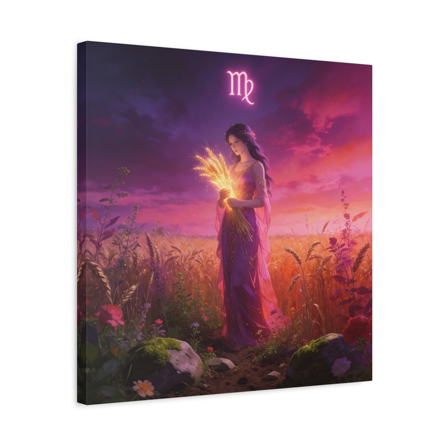 Virgo Zodiac Canvas Wall Art - Maiden Holding Glowing Wheat, Purple Twilight Field - Fantasy Illustration, Matte Canvas Print - Bedroom Wall Decor, Meditation Space Accent - Bedroom Home Decoration