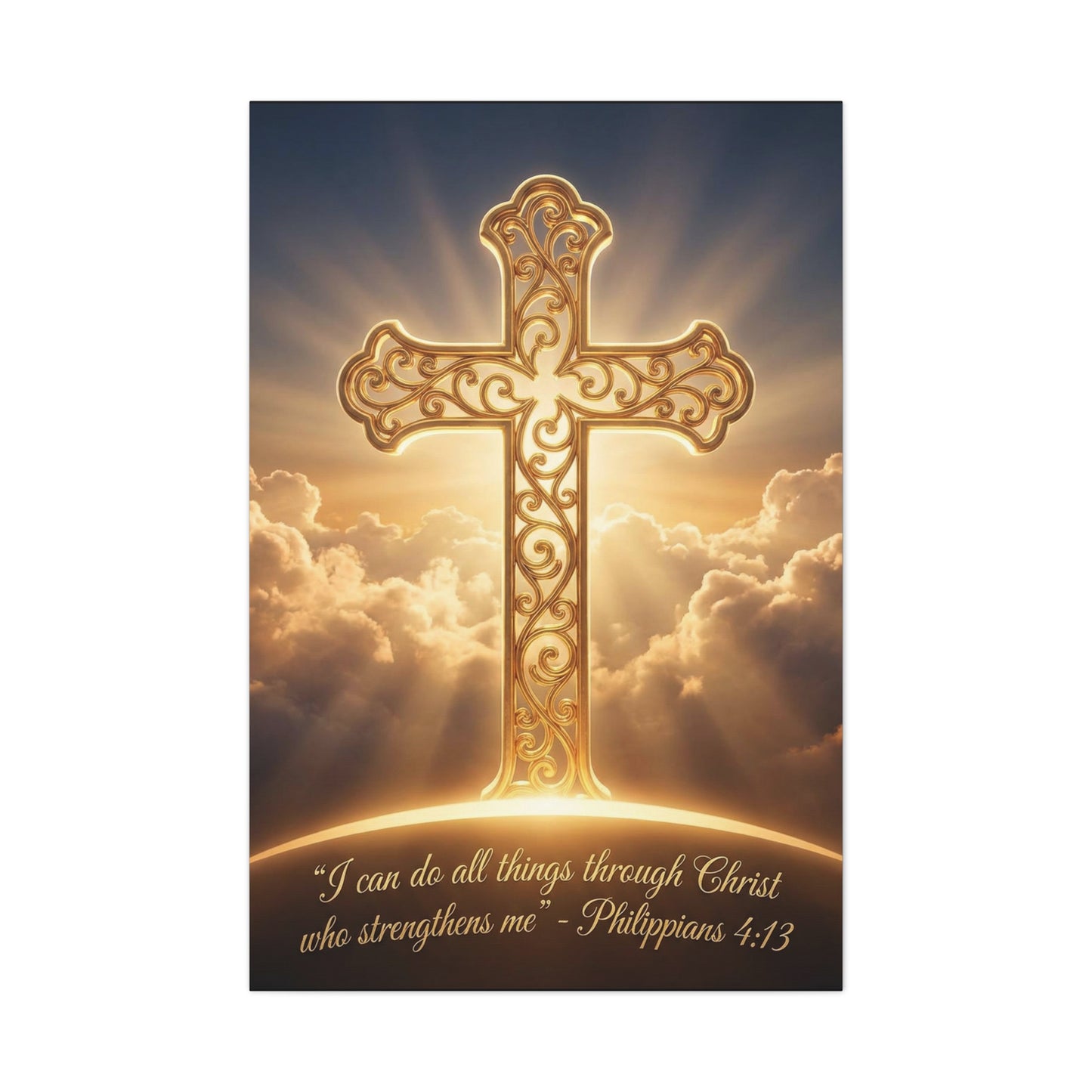 "I Can Do All Things Through Christ Who Strengthens Me" Cross Canvas Wall Art - Philippians 4:13 Scripture Decor, Golden Clouds Christian Wall Hanging, Bedroom Living Room - Bedroom Home Decoration