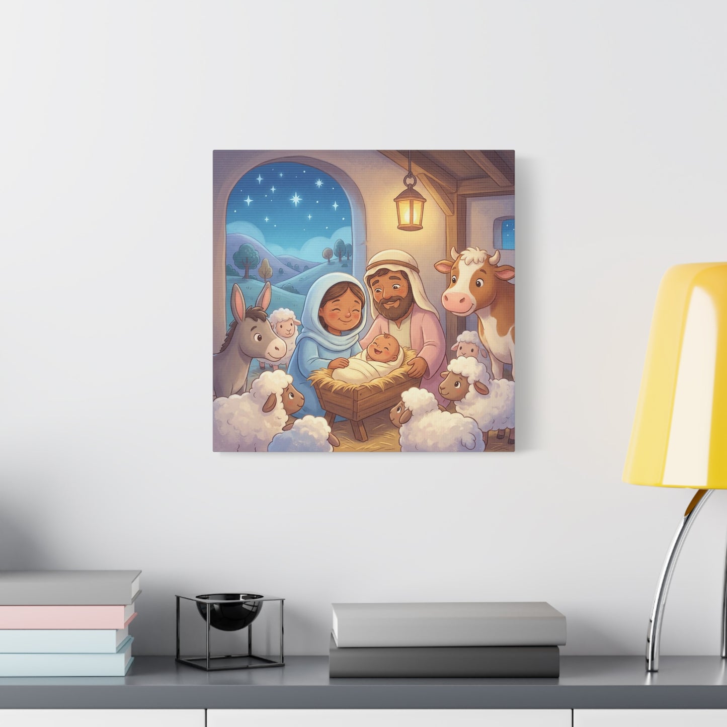 Holy Family Nativity Canvas Wall Art - Baby Jesus, Mary And Joseph Nursery Decor - Starry Stable Christian Home Decoration - Matte Canvas Print For Bedroom, Living Room - Ready to Hang - Ready to Hang