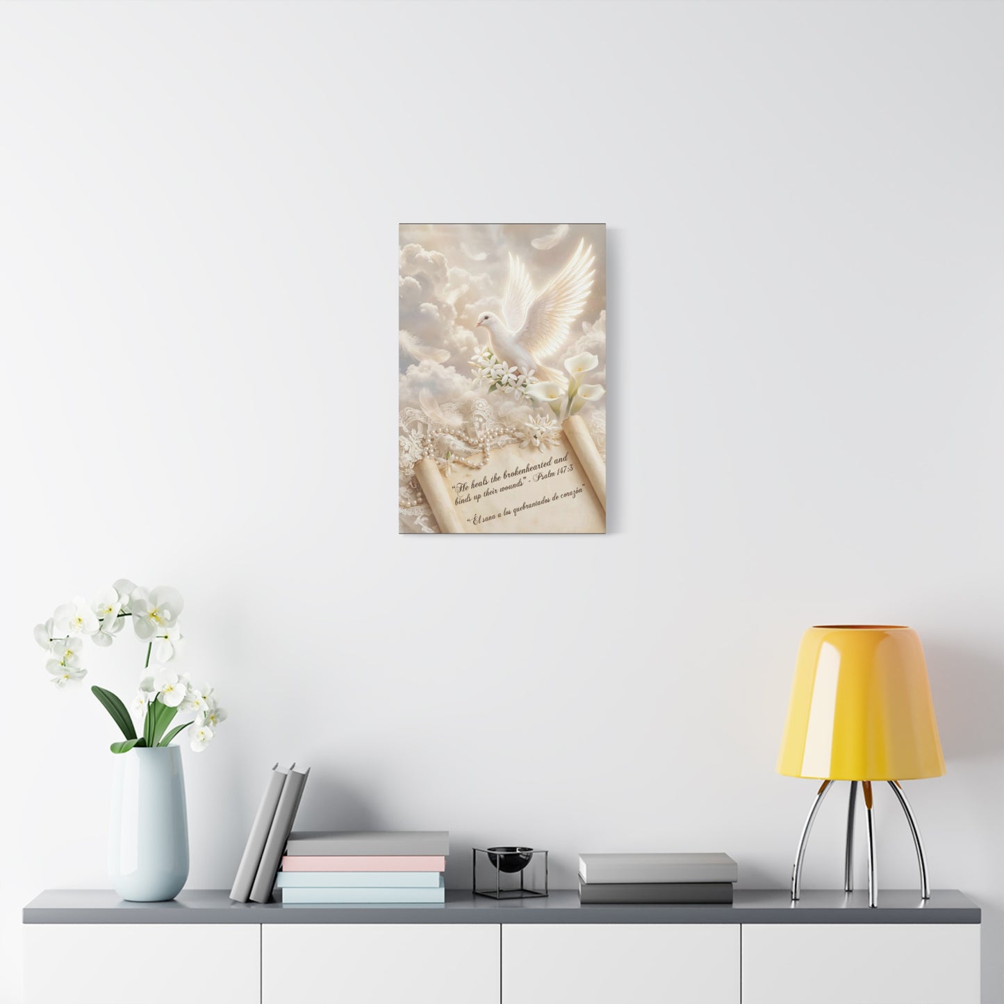 "He Heals The Brokenhearted And Binds Up Their Wounds" Dove Canvas Wall Art - Psalm 147:3 Scripture, White Lily Floral Design - Traditional Religious Decor For Bedroom - Office Wall Art