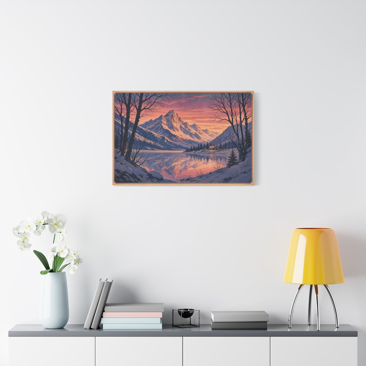 Snowy Mountain Lake Canvas Wall Art - Alpine Sunset Reflection Landscape Print, Rustic Winter Home Decor, Matte Finish Scenic Artwork For Living Room, Bedroom, Cabin Retreat - Living Room Wall Decor