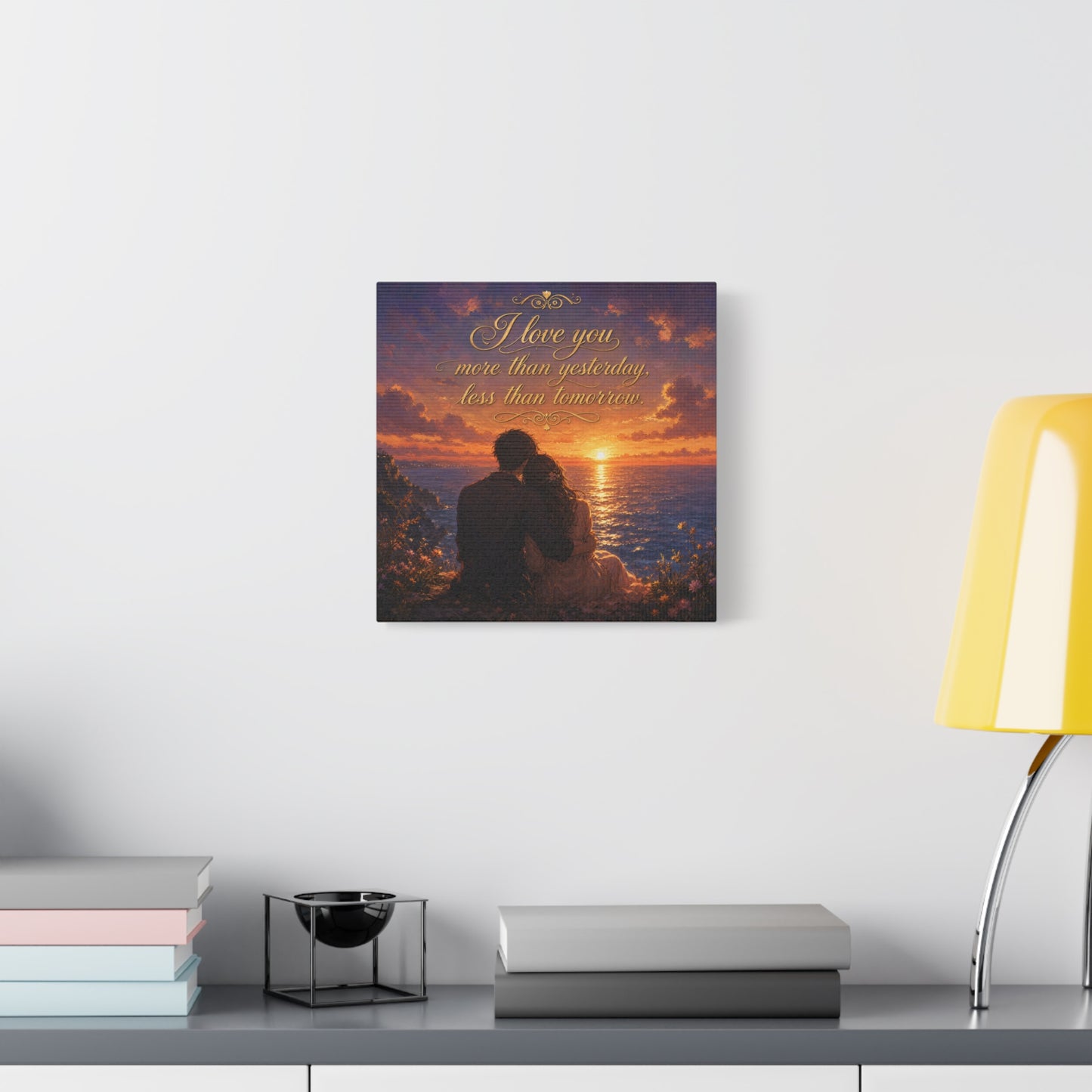 "I Love You More Than Yesterday, Less Than Tomorrow." Love Quote Canvas Wall Art - Romantic Sunset Ocean Couple Silhouette - Gold Script Seascape - Bedroom Wall Decor - Ready to Hang - Ready to Hang
