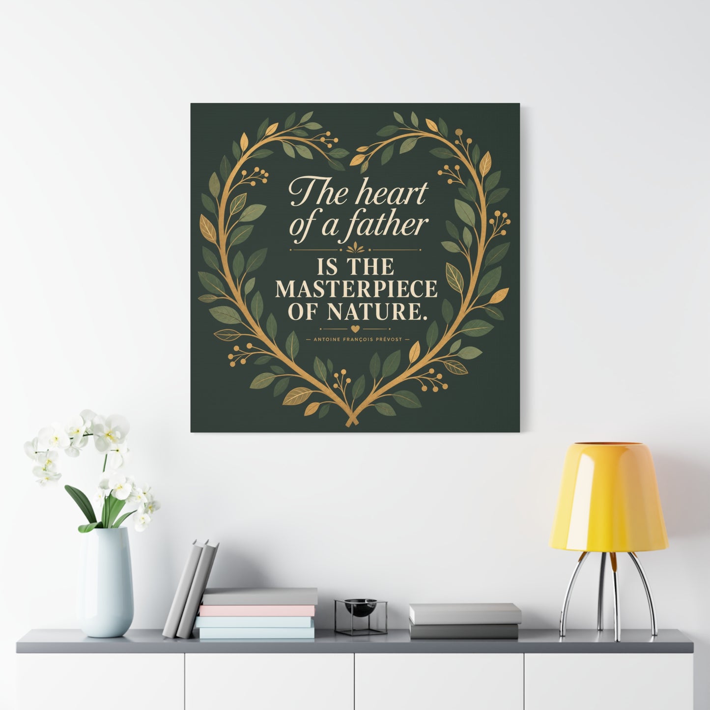 "The Heart Of A Father Is The Masterpiece Of Nature." Canvas Wall Art - Botanical Quote Print, Green And Gold Typography Decor, Traditional Style - Office Wall Art - Bedroom Home Decoration