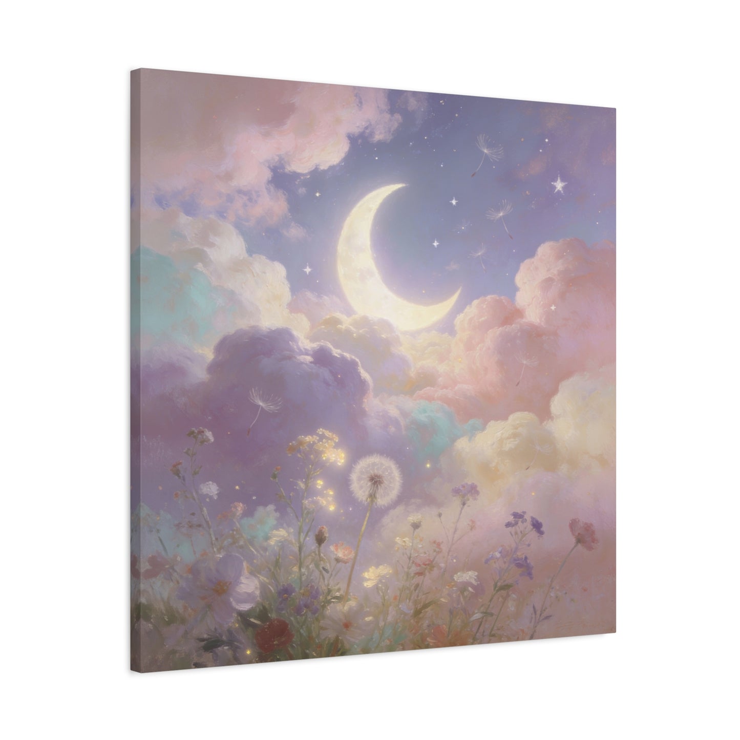 Crescent Moon Canvas Art Print - Dreamy Pastel Clouds, Dandelion Sky, Celestial Floral Scene - Cotton Matte Artwork - Lavender Nursery Accent, Bedroom Decoration, Meditation Space Decor