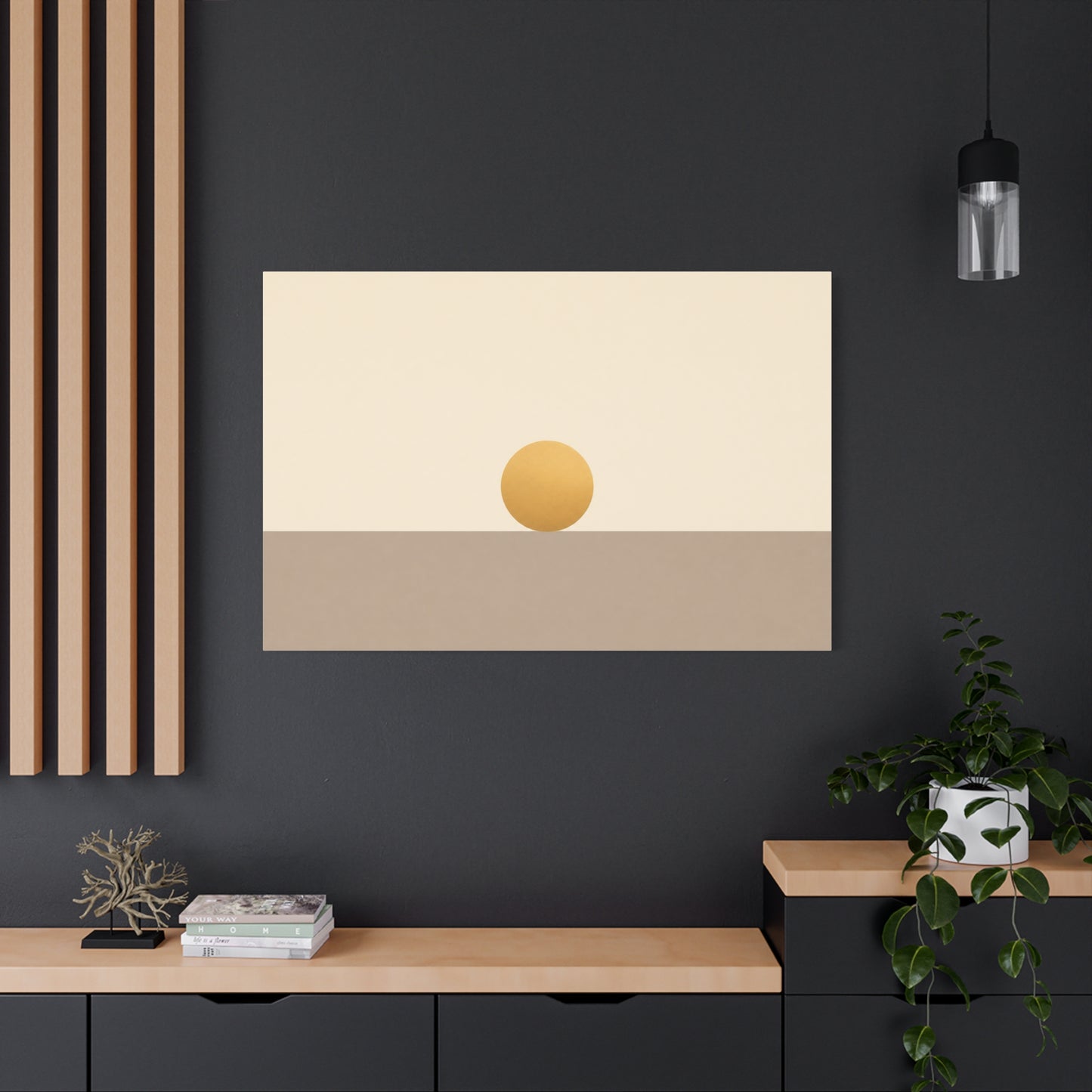 Minimalist Sun Horizon Canvas Wall Art - Abstract Geometric Desert Landscape Print - Neutral Beige And Gold - Contemporary Living Room Decor, Bedroom Home Decoration, Office Accent - Office Wall Art