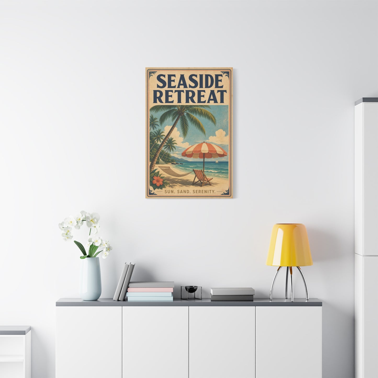 "Seaside Retreat" Tropical Beach Canvas Wall Art - Vintage Coastal Palm Tree Hammock Poster Print, Sun Sand Serenity Typography, Retro Ocean Decor For Bedroom Living Room - Living Room Wall Decor