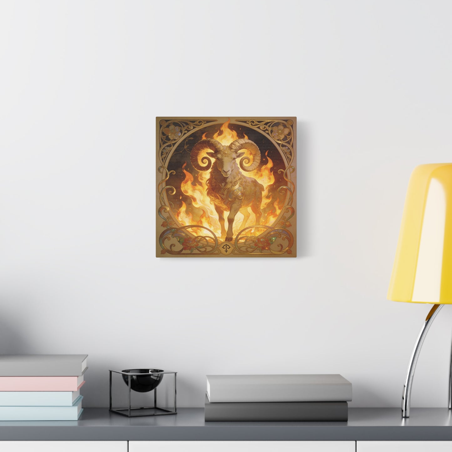 Aries Ram Canvas Wall Art - Fiery Zodiac Illustration, Ornate Gold Nouveau Design - Matte Cotton Art Print - Bohemian Astrology Decor, Bedroom Home Decoration, Office Wall Art - Modern Farmhouse Style