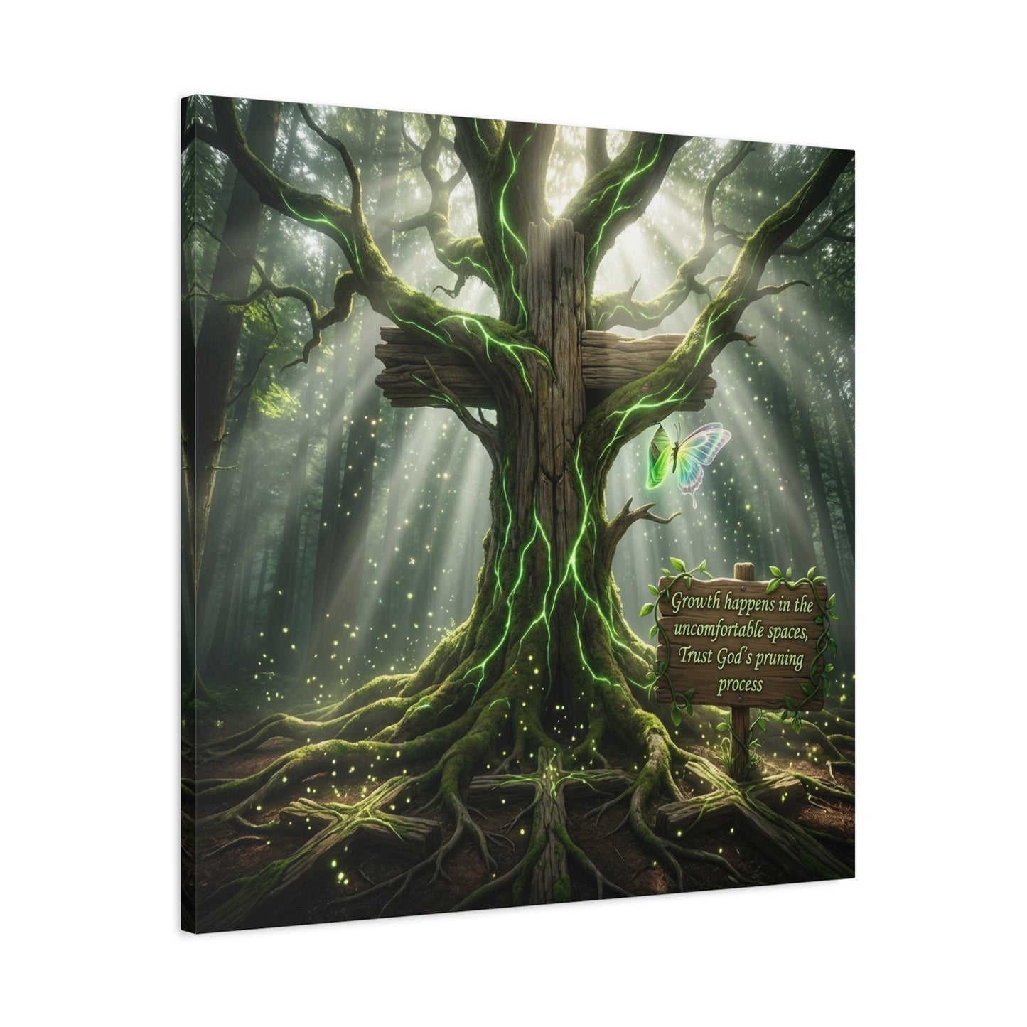 "Growth Happens In The Uncomfortable Spaces, Trust God's Pruning Process" Christian Canvas Wall Art - Forest Tree Cross, Butterfly - Inspirational Rustic Decor - Living Room Wall Decor - Ready to Hang