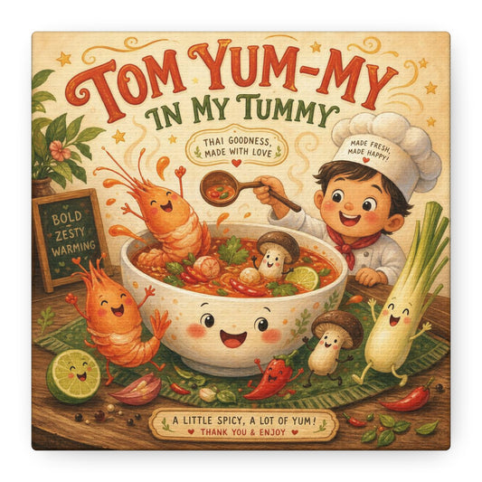 "Tom Yum-My In My Tummy" Canvas Wall Art - Cute Thai Soup Chef Illustration, Whimsical Kitchen Decor - Matte Cotton Canvas Print - Vintage Style Dining Room Wall Decor - Bedroom Home Decoration
