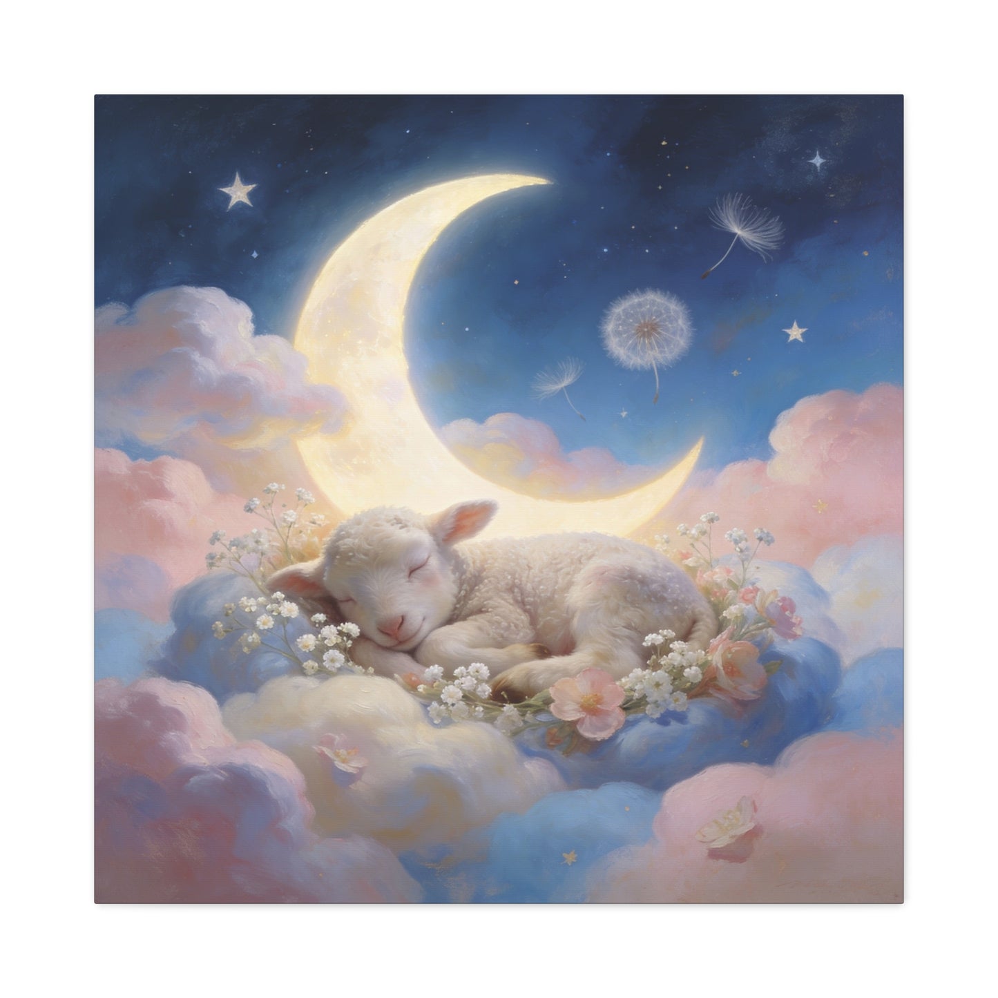 Sleeping Lamb Canvas Wall Art - Crescent Moon, Stars, Pink Clouds Nursery Decor - Dreamy Pastel Canvas Print - Whimsical Storybook Style - Bedroom Home Decoration, Kids Room Accent - Office Wall Art