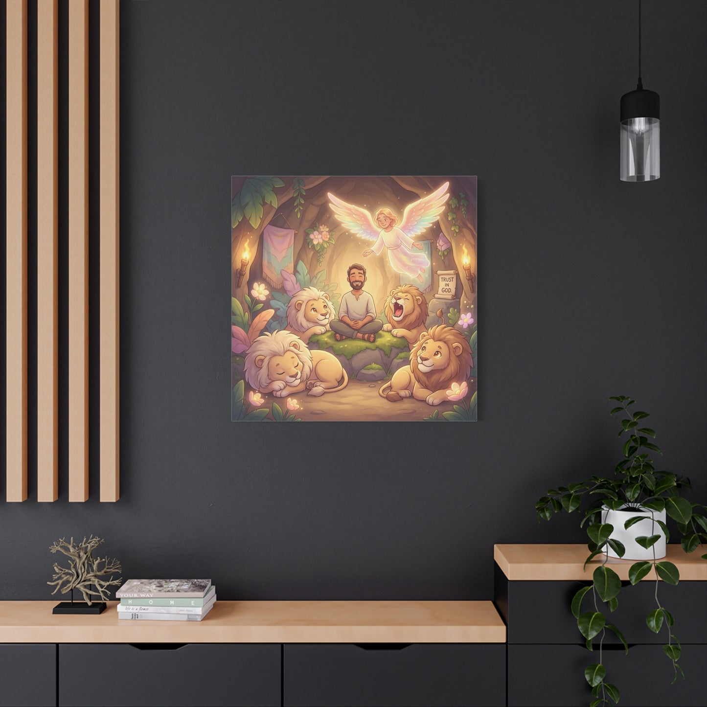 "Trust In God" Christian Canvas Wall Art - Angel, Man With Lions Cave Scene - Pastel Nursery Decor, Matte Cotton Print - Kids Bedroom Wall Decor, Playroom Home Decoration - Ready to Hang