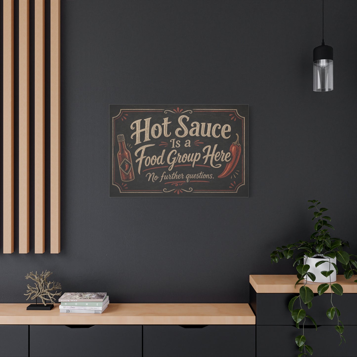 "Hot Sauce Is a Food Group Here No further questions." Canvas Wall Art - Chalkboard Kitchen Quote - Vintage Rustic Typography - Dining Room Wall Decor - Modern Farmhouse Style - Modern Farmhouse Style
