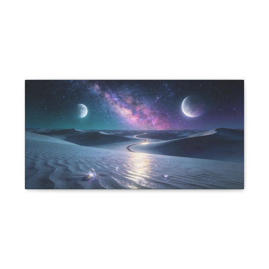 Celestial Desert Canvas Wall Art - Milky Way, Twin Moons, Luminous Dunes - Surreal Nightscape Cotton Print - Contemporary Style, Bedroom Home Decoration, Office Wall Decor - Bedroom Home Decoration