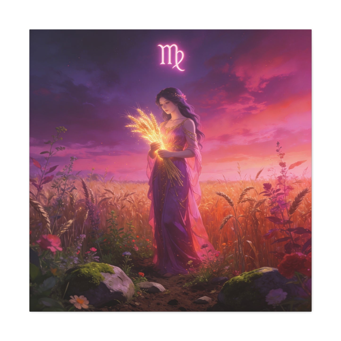 Virgo Zodiac Canvas Wall Art - Maiden Holding Glowing Wheat, Purple Twilight Field - Fantasy Illustration, Matte Canvas Print - Bedroom Wall Decor, Meditation Space Accent - Bedroom Home Decoration
