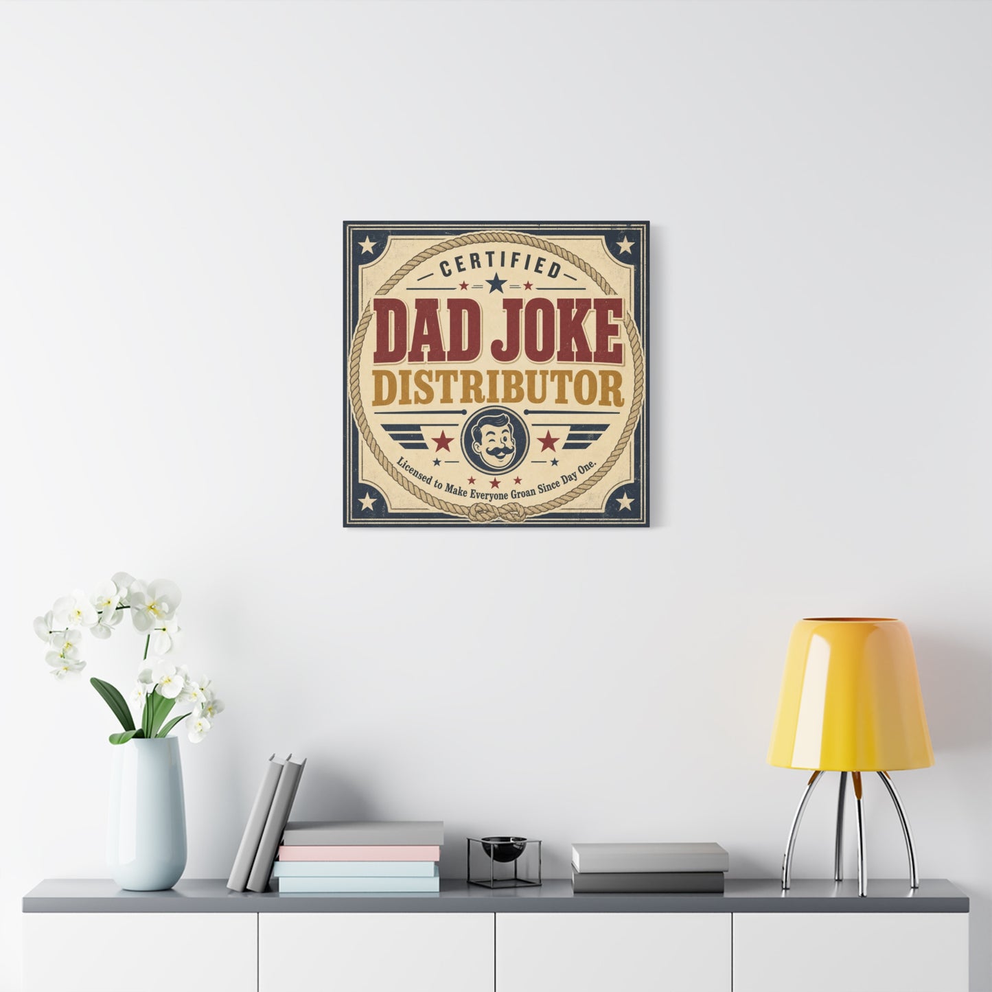 "Dad Joke Distributor" Funny Canvas Wall Art - Vintage Typography Humor Print, Retro Patriotic Stars And Mustache Illustration - Farmhouse Office Decor, Man Cave Wall Hanging - Bedroom Home Decoration