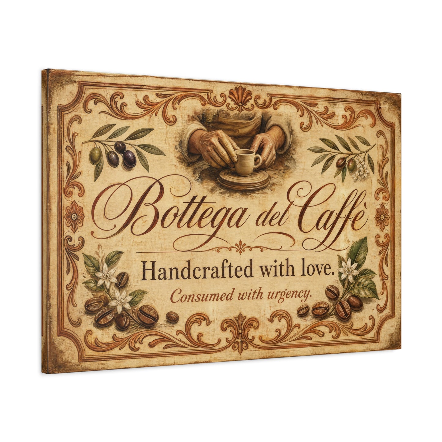 "Bottega del Caffe" Canvas Wall Art - Vintage Italian Coffee Quote Print, Olive Branches, Beans, Rustic Farmhouse Decor, Cafe Wall Hanging - Modern Farmhouse Style - Coffee Shop Decor - Ready to Hang