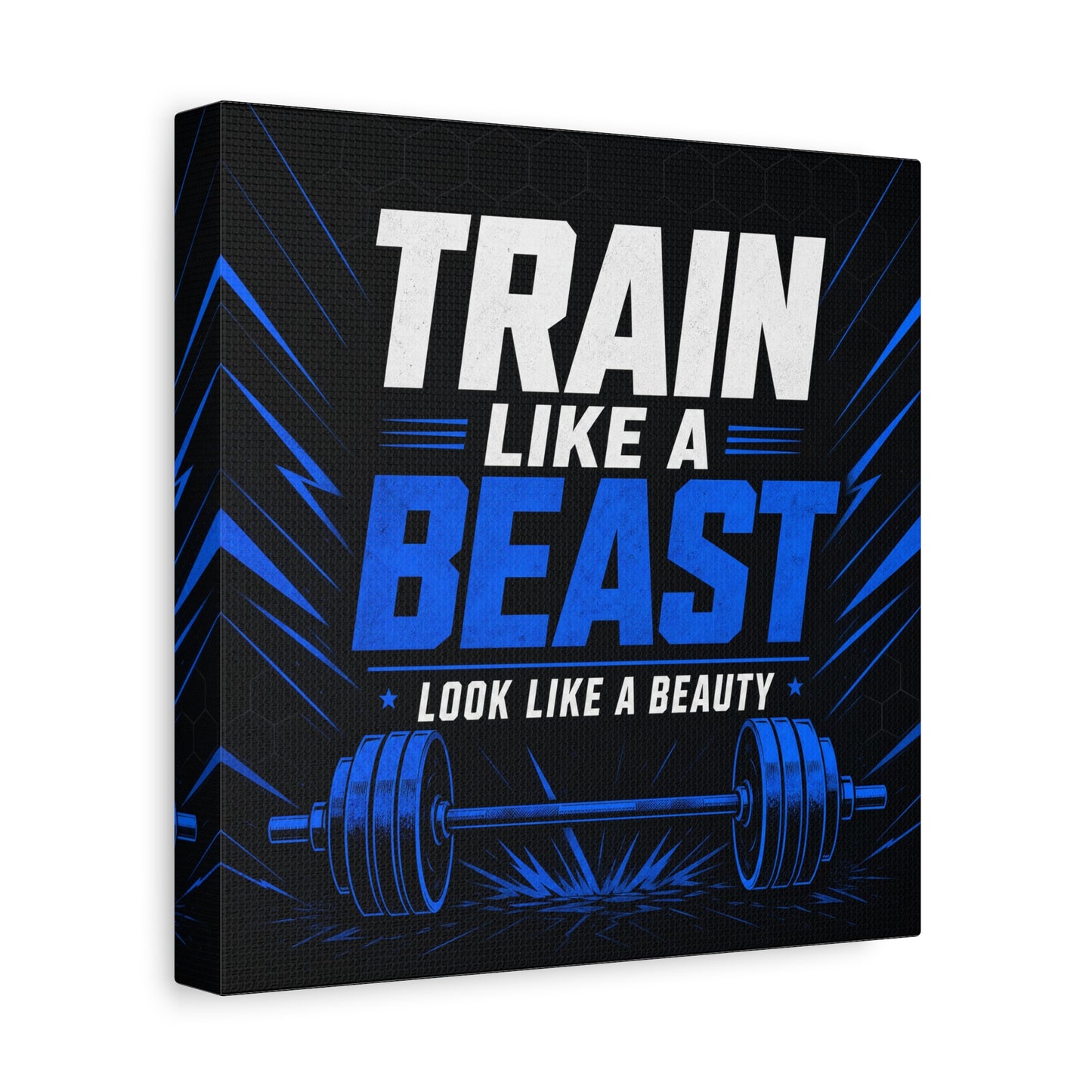 "Train Like A Beast Look Like A Beauty" Gym Canvas Wall Art - Blue Black Barbell Typography Motivational Fitness Decor - Modern Sports Quote Print - Ready to Hang - Living Room Wall Decor