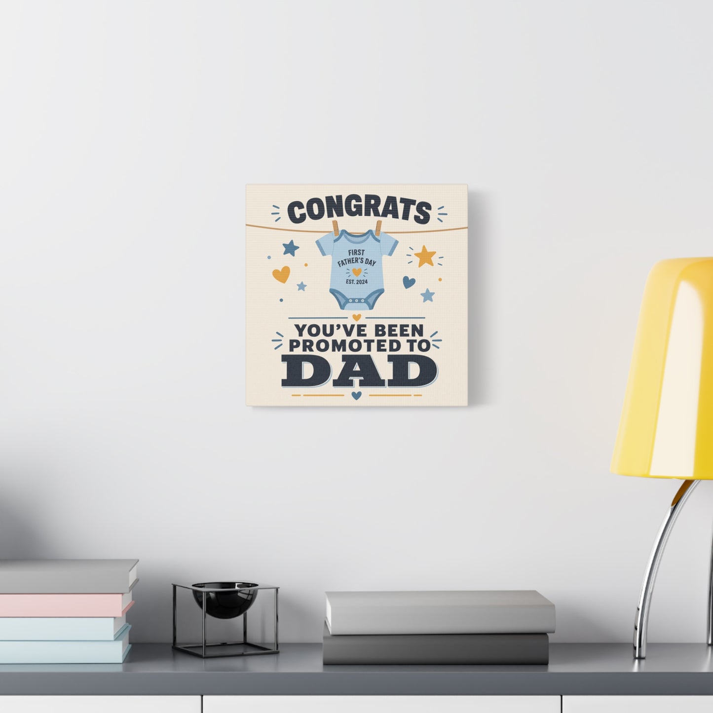 "Congrats You've Been Promoted To Dad" Canvas Wall Art - Baby Onesie Quote Print, Blue And Gold Typography Decor - Nursery Bedroom Wall Hanging - Bedroom Home Decoration - Modern Farmhouse Style